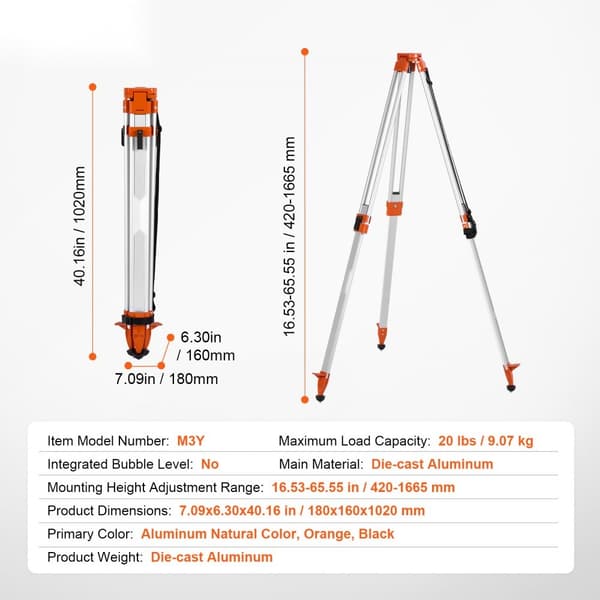 Laser niveau stativ 5/8-11 gevind, højdejusterbar 16,53-65,55 cm, stabil og holdbar, perfekt til præcise målinger.