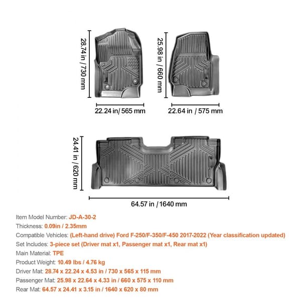 Ford F-250/F-350/F-450 2017-2022 auton lattiamatot, 3 kpl, yhteensopivat, kestävä ja helppo puhdistaa