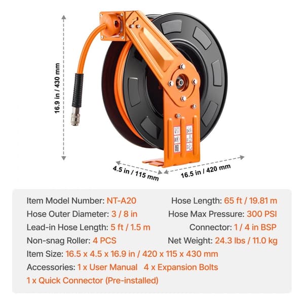Infällbar luftslangrulle 3/8 tum x 65 fot, hybrid med 300 PSI maxtryck, lättanvänd och förvaring, perfekt för hemma och industriellt bruk