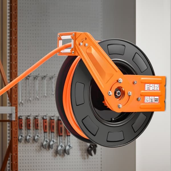 Tilbagetrækkelig luftslangetromle 3/8 x 65 FT, Hybrid-udsugningsslange, 300 PSI, holdbar og pladsbesparende design.
