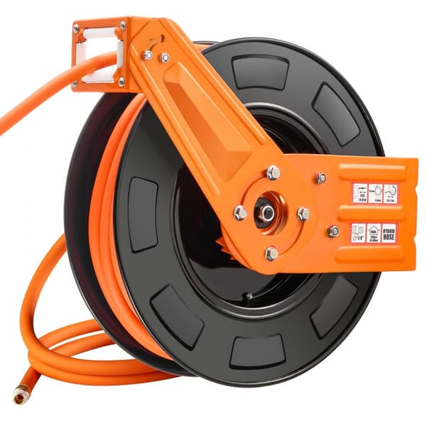 Tilbagetrækkelig luftslangetromle 3/8 x 65 FT, Hybrid-udsugningsslange, 300 PSI, holdbar og pladsbesparende design.