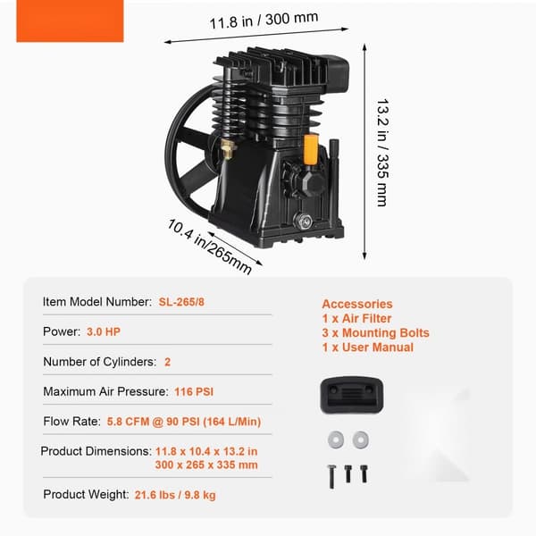 3HP Ilmakompressoripumppu, 5.8CFM @ 90PSI, Kaksisylinterinen, Tehokas Mäntäpumppupää