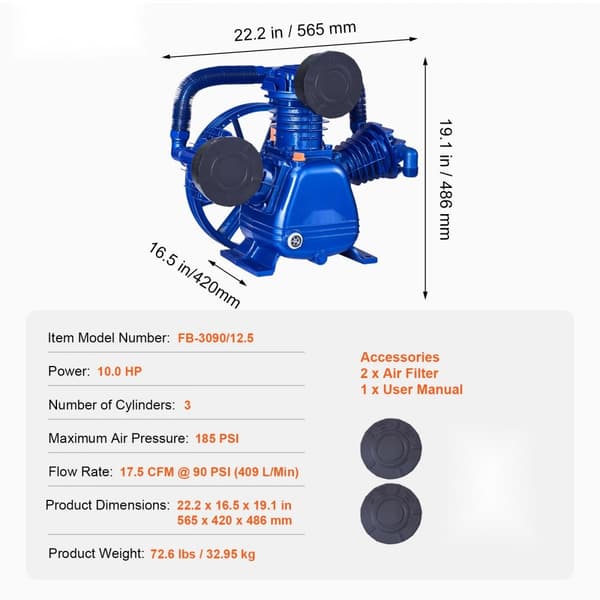 Luftkompressorpumpehoved 10HK, 17.5CFM @ 90PSI, 3-cylindret stempelpumpe, høj ydeevne, holdbar konstruktion.