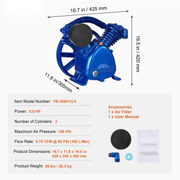 Luftkompressorpump 5,5HK, 5,75CFM @ 90PSI, 2-cylindrig kolvpump, effektiv industriell pump för kraftfulla behov