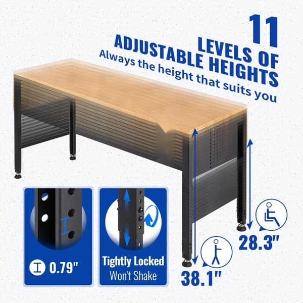 Justerbar højde arbejdsbænk 48L x 20W, med strømudtag, robust og ergonomisk design til professionelle og hobbybrug.