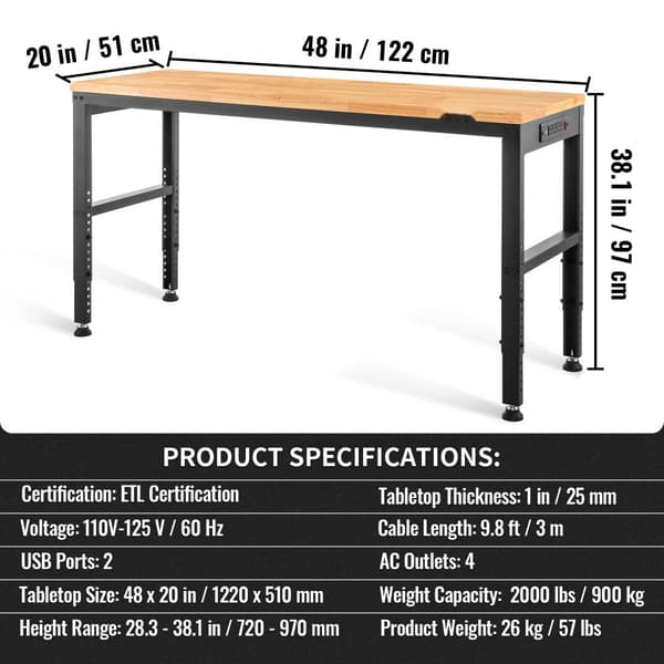 Justerbar højde arbejdsbænk 48L x 20W, med strømudtag, robust og ergonomisk design til professionelle og hobbybrug.