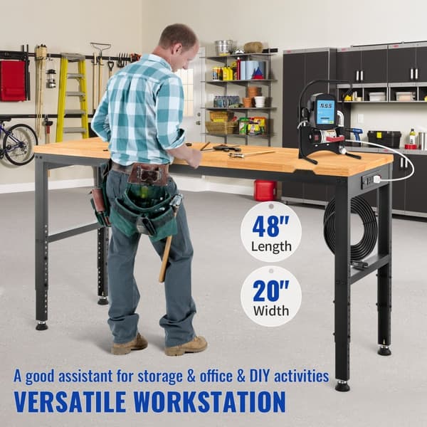 Justerbar højde arbejdsbænk 48L x 20W, med strømudtag, robust og ergonomisk design til professionelle og hobbybrug.