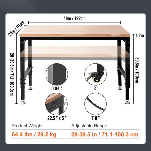 Säädettävä korkeus työpenkki, 48L x 24W, pistorasialla, kestävä ja tyylikäs työskentelytaso, helposti säädettävä korkeuden mukaan
