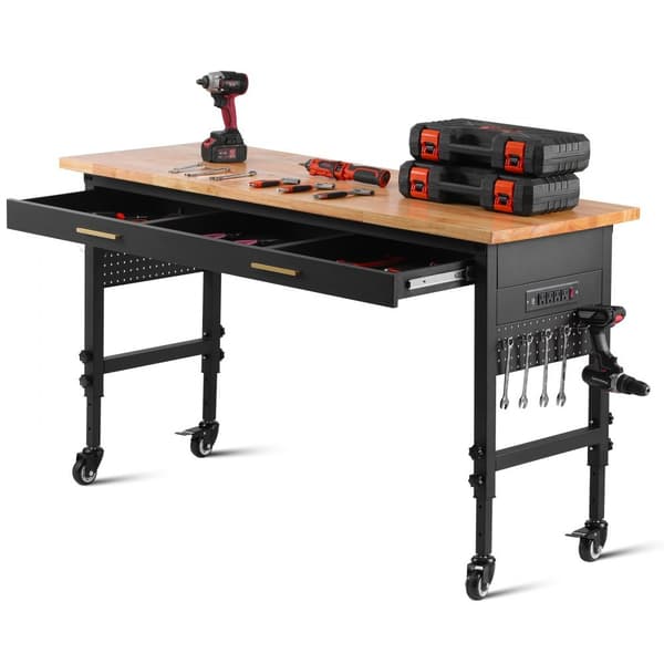 Justerbart höjdbord 60, eluttag, låda, mobil arbetsbänk på hjul, ergonomisk design, perfekt för hem och kontor