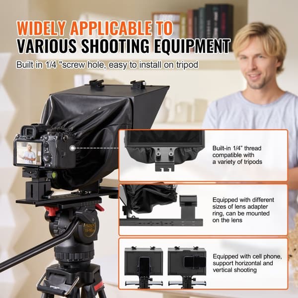 13'' gulvteleprompter, fjernbetjening til webcam & smartphone, live streaming, nem at bruge, justerbar højdedesign.