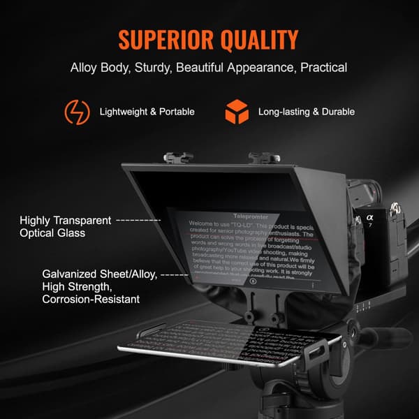 13'' gulvteleprompter, fjernbetjening til webcam & smartphone, live streaming, nem at bruge, justerbar højdedesign.