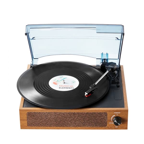 Bluetooth vinylpladespiller 3-fart, bæltedrevet med 3W højttalere, trådløs lyd, moderne design, perfekt til musikelskere.