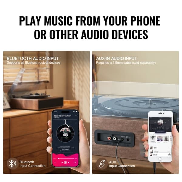 Bluetooth Vinyylilevysoitin, Hihnakäyttöinen 3-Nopeuksinen Levysoitin, 10W Kaiuttimet, tyylikäs ja kompakti design