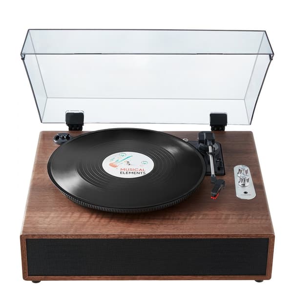 Bluetooth vinylpladespiller 3-hastigheder, bæltedrevet, 10W højttalere, trådløs lyd, stilren design, perfekt til musikelskere.