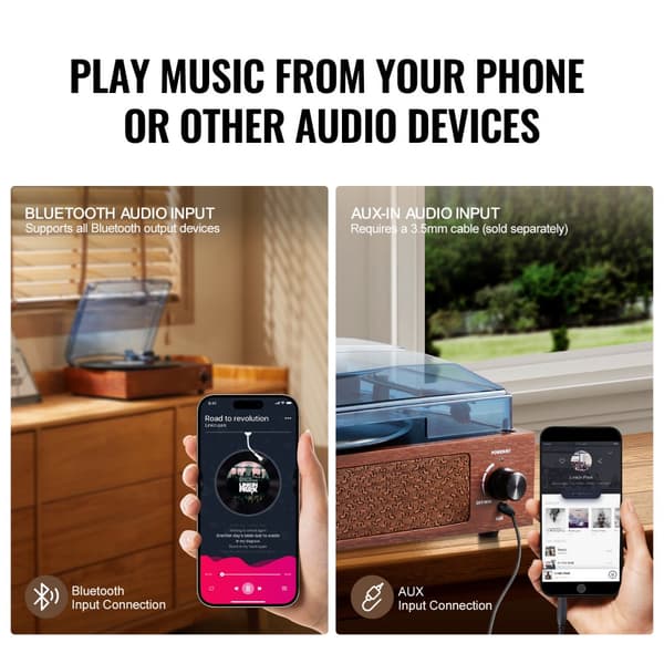 Bluetooth Vinyylilevysoitin 3-nopeuksinen, Hihnakäyttöinen, 5W Kaiuttimet, laadukas ääni, tyylikäs muotoilu, langaton yhteys