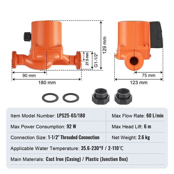 Varmvatten cirkulationspump 220V, 92W, 60 L/min max flöde, 6m lyfthöjd, 1-1/2 gänga, temperaturintervall 2°c till 110°c