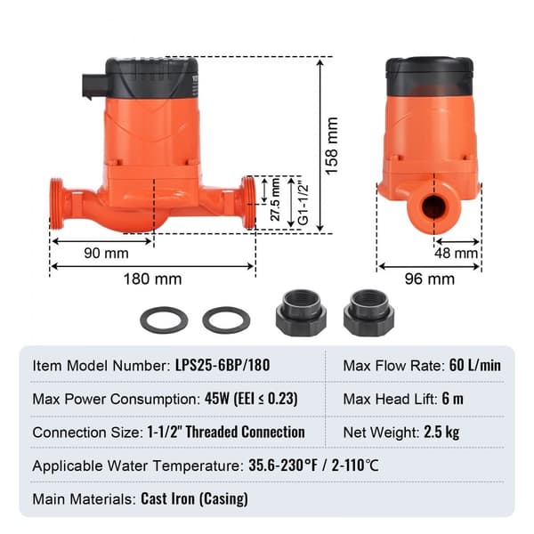 Kuuman veden kiertovesipumppu 220V 45W, ECM-kestomagneettimoottori, 60 l/min virtaus, 1-1/2 kierreliitäntä, älykäs ohjaus