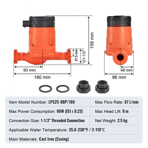 Energieffektiv cirkulationspump 220V, 60W, 67 L/min flöde, 8m lyft, högeffektiv ECM motor, 5 kontrolllägen, låg ljudnivå