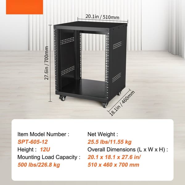 12U AV Rack Stativ, 500 lbs Kapacitet, Hållbart Rack för Nätverks- och Stereo-inspelningsstudio, Professionell Användning