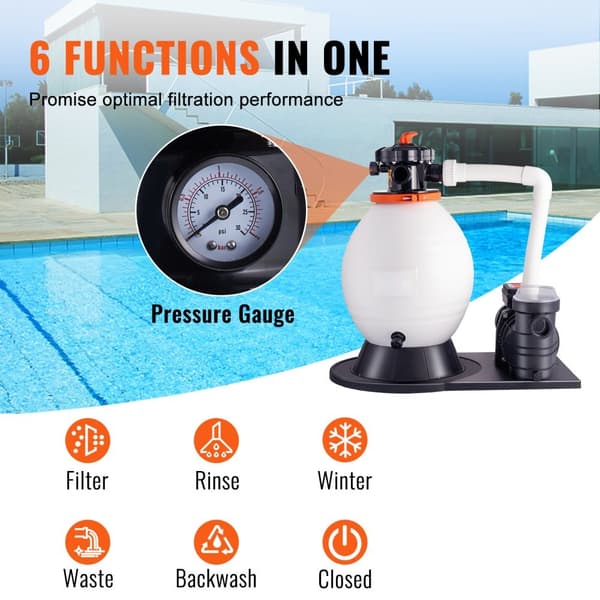 Sandfilterpumpe 1,14 hk, 850w, 16-tommer sandtank, 18000 L/h flow, svømmebassinpumpe & filtre, 6-vejs ventilsæt, til private & kommercielle pools.