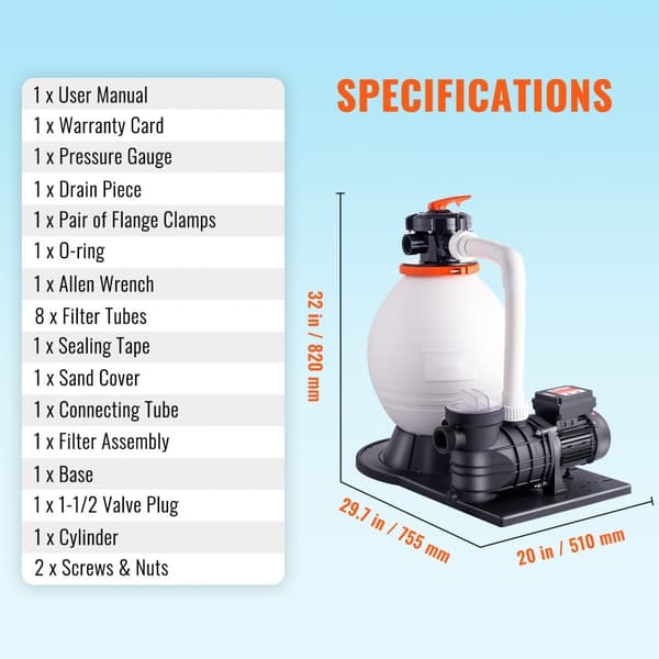 Sandfilterpumpe 1,14 hk, 850w, 16-tommer sandtank, 18000 L/h flow, svømmebassinpumpe & filtre, 6-vejs ventilsæt, til private & kommercielle pools.