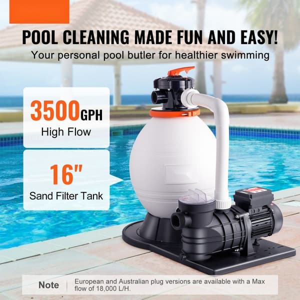 Sandfilterpumpe 1,14 hk, 850w, 16-tommer sandtank, 18000 L/h flow, svømmebassinpumpe & filtre, 6-vejs ventilsæt, til private & kommercielle pools.