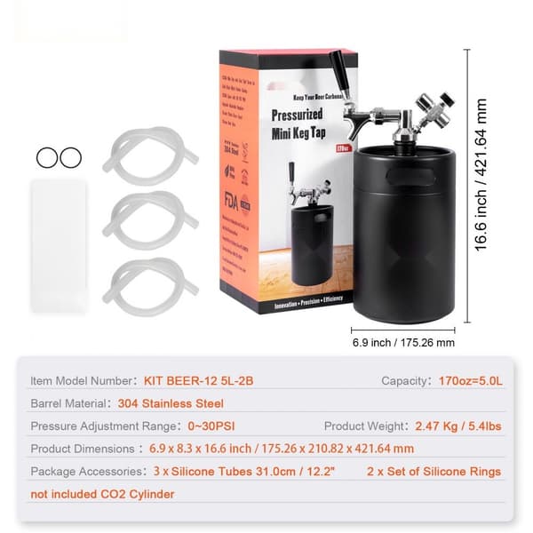 Trycksatt Growler Mini ölfat, 170 oz (5L), hållbar design, perfekt för hantverksöl, fest och samlingar, svart