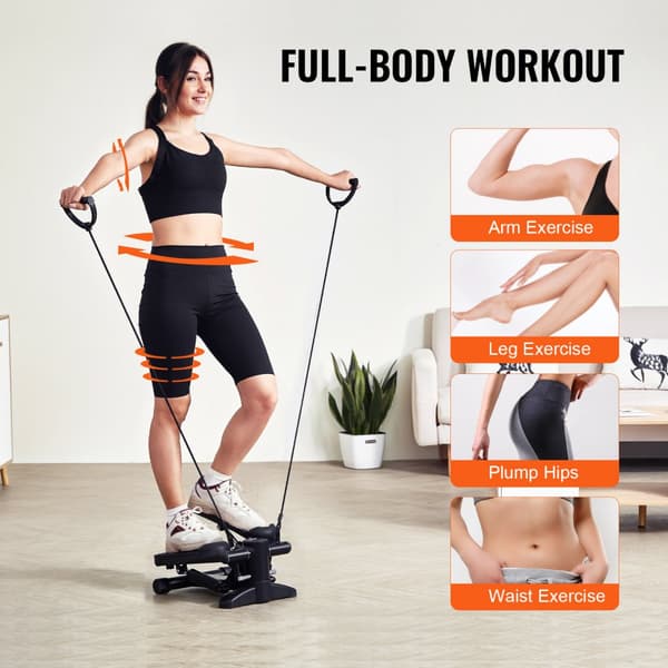 Mini stepper til hjemmetræning, sammenklappelig med modstandsbånd, kompakt og effektiv til cardio og styrketræning.