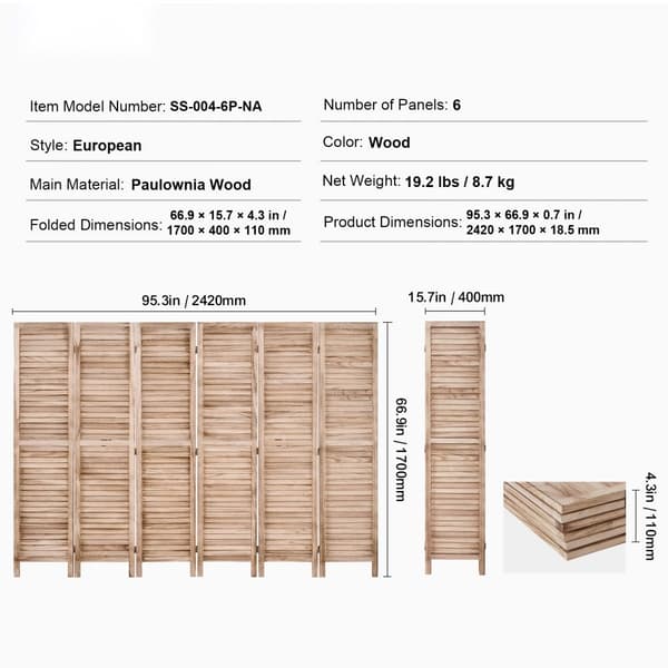 6-panel træ skillevæg, bærbar rumdeler, perfekt til hjemmekontor og stueindretning, fleksibel og pladsbesparende.