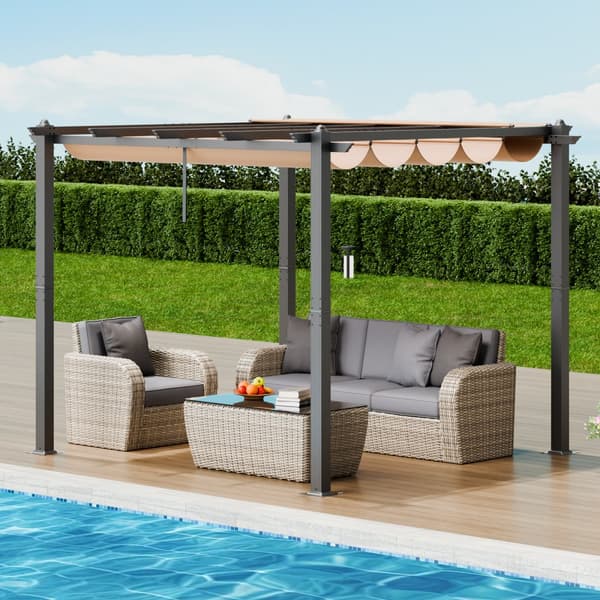 10'x10' udendørs pergola, udtrækkelig med solskærm, aluminium, beige, holdbar, nem installation, perfekt til haven.