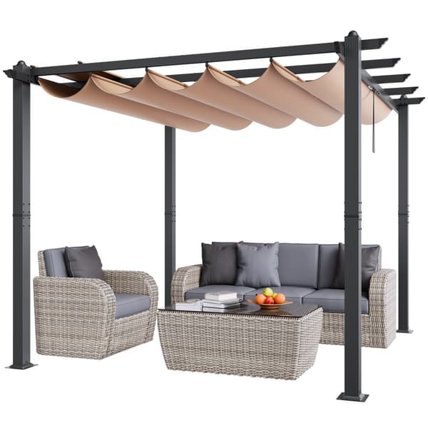 Ulkokäyttöinen 10'x10' Sisäänvedettävä Pergola, Aurinkovarjo, Alumiininen Katos, Beige, Kestävä ja Helppo Asentaa