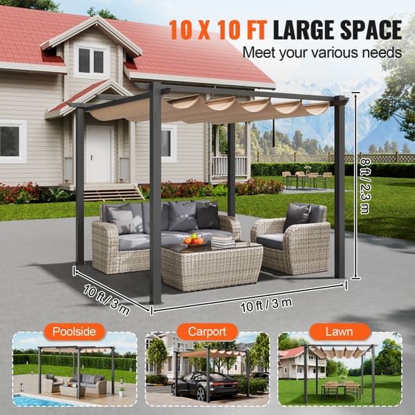Utfällbar pergola 10'x10' med solskyddstak i aluminium, beige, hållbar, enkel installation, perfekt för trädgård och uteplats