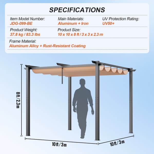 Utfällbar pergola 10'x10' med solskyddstak i aluminium, beige, hållbar, enkel installation, perfekt för trädgård och uteplats