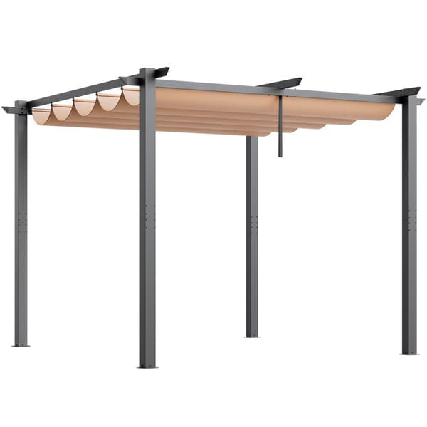 Utfällbar pergola 10'x10' med solskyddstak i aluminium, beige, hållbar, enkel installation, perfekt för trädgård och uteplats