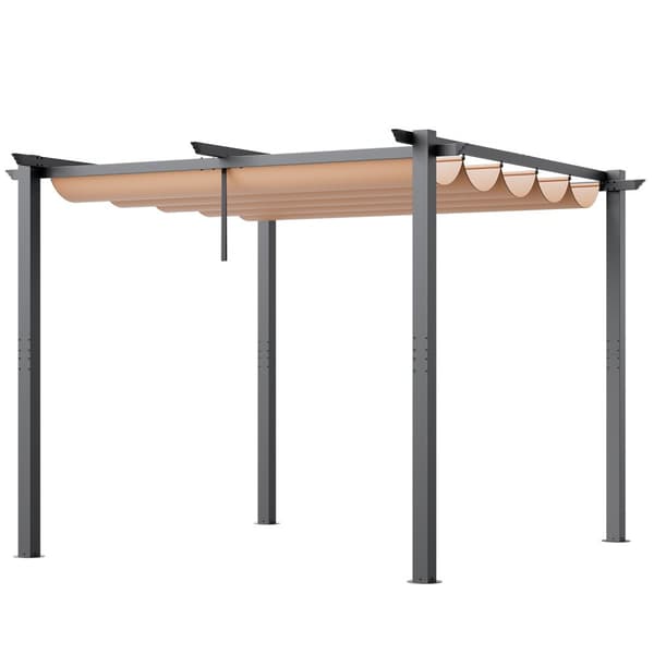 Utfällbar pergola 10'x10' med solskyddstak i aluminium, beige, hållbar, enkel installation, perfekt för trädgård och uteplats