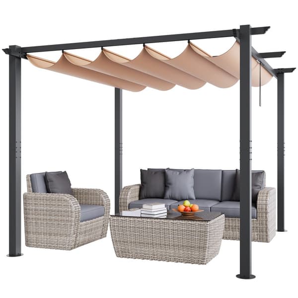 Utfällbar pergola 10'x10' med solskyddstak i aluminium, beige, hållbar, enkel installation, perfekt för trädgård och uteplats