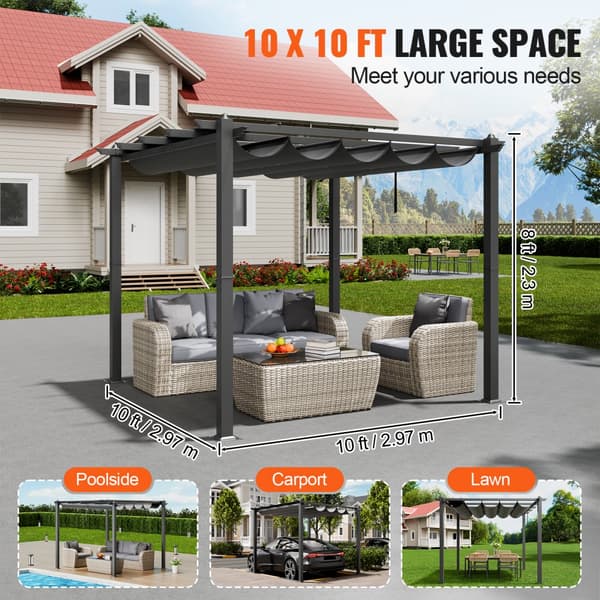 10'x10' Ulkokäyttöinen Sisäänvedettävä Pergola, Aurinkovarjo, Alumiini, Harmaa, Kestävä Katos, Helppo Asennus