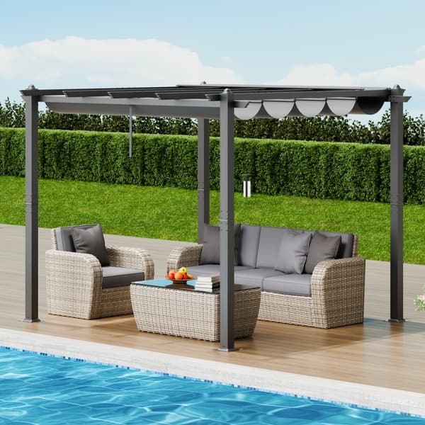 10'x10' Ulkokäyttöinen Sisäänvedettävä Pergola, Aurinkovarjo, Alumiini, Harmaa, Kestävä Katos, Helppo Asennus