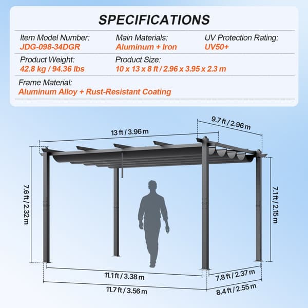 Utfällbar utomhuspergola 10'x13', aluminiumgrå design, hållbar och vädersäker, med solskydd för trädgård eller terrass