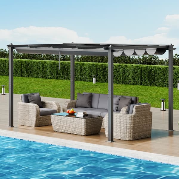 Utfällbar utomhuspergola 10'x13', aluminiumgrå design, hållbar och vädersäker, med solskydd för trädgård eller terrass