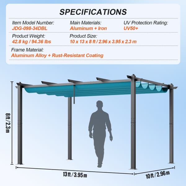 Infällbar utomhuspergola 10'x13', solskyddstak av aluminium, hållbar design för trädgård och uteplats