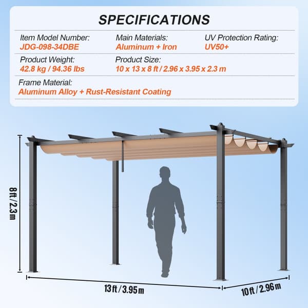 Udendørs aluminium pergola 10'x13' med solskærm, udtrækkelig baldakin, beige, perfekt til haven.