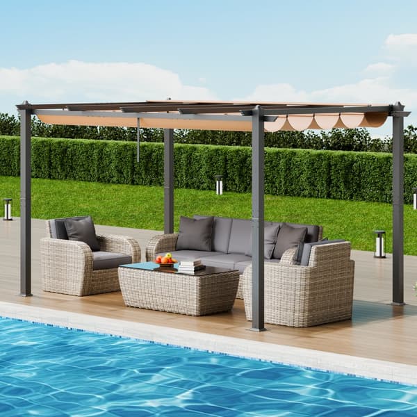 Udendørs aluminium pergola 10'x13' med solskærm, udtrækkelig baldakin, beige, perfekt til haven.