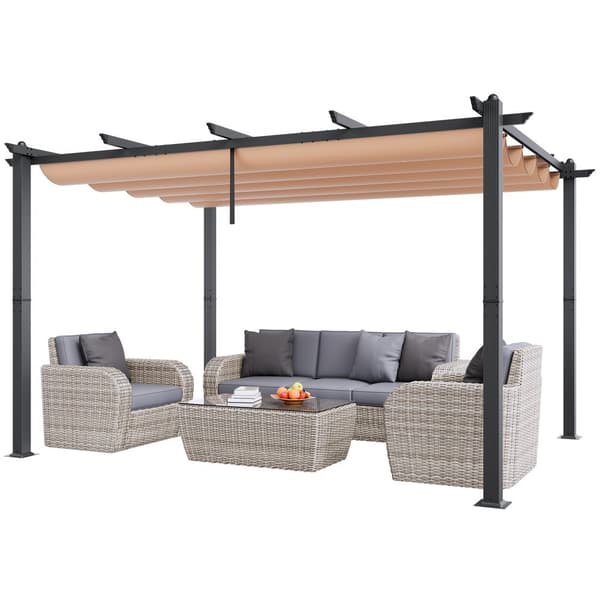 Udendørs aluminium pergola 10'x13' med solskærm, udtrækkelig baldakin, beige, perfekt til haven.