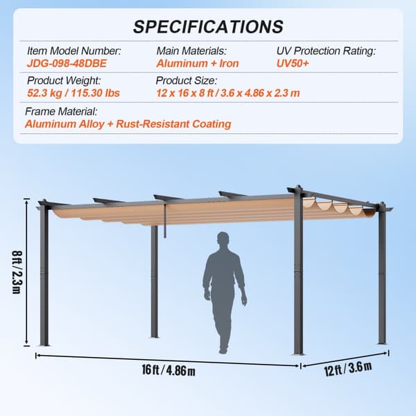 Udendørs 12'x16' udtrækkelig pergola i aluminium med solskærm, beige baldakin, holdbar konstruktion og moderne design.