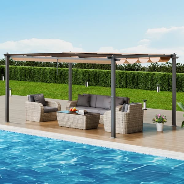 Udendørs 12'x16' udtrækkelig pergola i aluminium med solskærm, beige baldakin, holdbar konstruktion og moderne design.