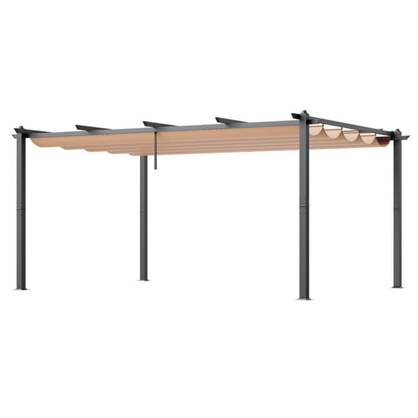 Udendørs 12'x16' udtrækkelig pergola i aluminium med solskærm, beige baldakin, holdbar konstruktion og moderne design.