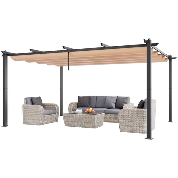 Udendørs 12'x16' udtrækkelig pergola i aluminium med solskærm, beige baldakin, holdbar konstruktion og moderne design.