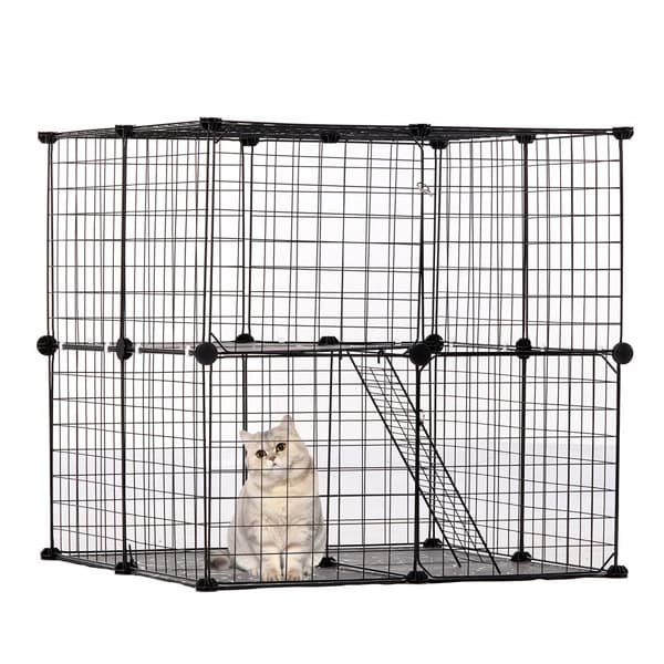Stort 2-lags kattebur 28x28x28 cm, Metalwire kravlegård Catio med stige, perfekt til udendørs brug og sikker leg.