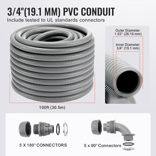 Fleksibel 3/4 PVC-ledning, væsketæt, ikke-metallisk, 100 fod, ideel til el-installationer og beskyttelse.